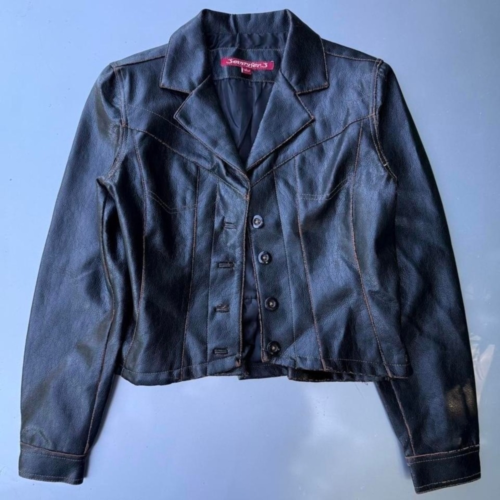Vintage 90s Y2K Jennifer.J Black faux leather button-up jacket grunge smoker